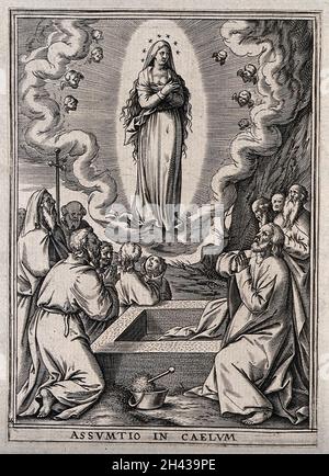 Les apôtres autour du tombeau vide regardent l'Assomption de la Vierge.Gravure. Banque D'Images