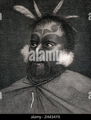 Un homme de Nouvelle-Zélande (Maori ?)Avec des tatouages sur son visage, rencontré par Cook lors de son deuxième voyage, 1772-1775.Gravure de Michel après W. Hodges, 1er février 1777. Banque D'Images