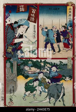 Au-dessus de la gauche, une femme avec un bébé sur le dos, se préparant à fumer un tuyau (?); au-dessus de la droite, les hommes et les femmes marchant dans la ligne; au-dessous, un boeuf menant des paysans au temple de Kawaguchi.La coupe de bois de couleur de KyÅsai, avec la conception en haut à gauche de Kunichika et la conception ci-dessous par un élève de KyÅsai, ca.1870. Banque D'Images