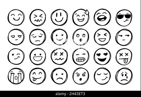 Sourires dessinés à la main.Doodle Emotion faces.Collection d'émoticônes à vecteur FreeHand CUTE Illustration de Vecteur