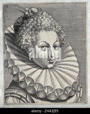 La tête et les épaules d'une femme qui porte ses cheveux dans des boucles serrées, une casquette avec des plumes et une grande ruche.Gravure par P. Galle. Banque D'Images