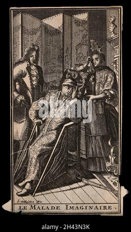 Le malade imaginaire : l'argan, une maladie hypocondriaque férente devant Béline, sa femme et le Dr Purgon, son médecin, dans une scène de la pièce de Molière.Gravure par G. Schouten après J.B.Molière. Banque D'Images