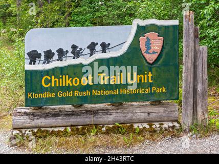 Alaska, Dyea, parc historique national de la ruée vers l'or du Klondike, unité ferroviaire de Chilkoot, panneau Banque D'Images