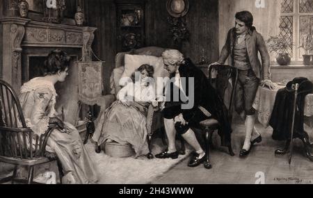 Un médecin géorgien s'occupe d'une fille malade, un père en arrière-plan, une mère assise dans un fauteuil au premier plan.Photogravure après G.S.Knowles, 1906. Banque D'Images