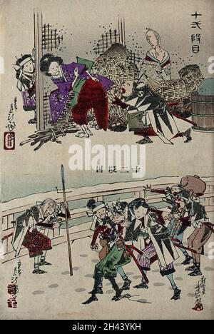 Scènes onze et douze de la pièce de kabuki préférée, "le trésor des fidèles".Coupe de bois de couleur par Yoshitoshi, années 1880. Banque D'Images