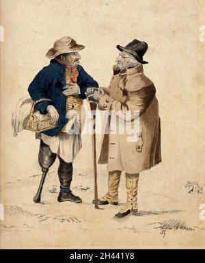 Deux vieux hommes en conversation: L'homme à gauche tenant un panier a une jambe en bois, l'autre penche avec les deux mains sur un bâton.Aquarelle par S.G.(?). Banque D'Images