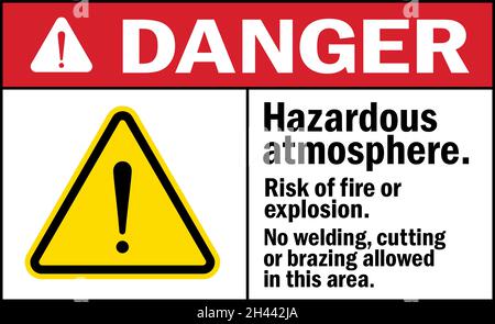 Signe de danger.Atmosphère dangereuse risque d'incendie ou d'explosion.Aucun soudage, découpage ou brasage n'est autorisé dans cette zone.Signes et symboles de sécurité. Illustration de Vecteur