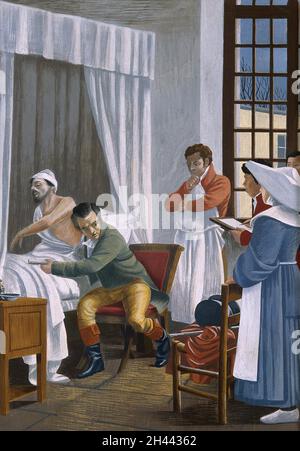 René Théophile Hyacinthe Laënnec auscultation d'un malade tuberculeux à l'hôpital Necker, Paris.Gouache après T. Chartran. Banque D'Images