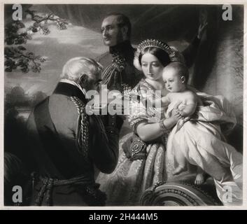 Le duc de Wellington présente un cercueil d'anniversaire à son filleul le Prince Arthur (plus tard duc de Connaught) en présence de la reine Victoria et du prince Albert.Mezzotint par S. cousins après F.X.Winterhalter, 1er mai 1851. Banque D'Images
