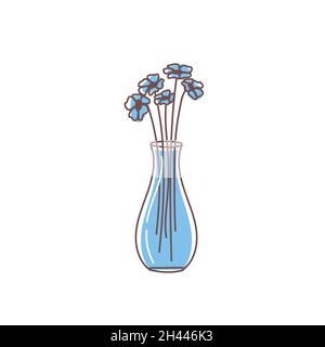Vase mignon avec fleurs fleuries de jardin.Illustration vectorielle plate dessinée à la main.Le bouquet de fleurs bleues sur fond blanc Illustration de Vecteur