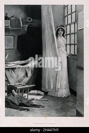 Charlotte Corday se cachant derrière un rideau, Marat est mort dans son bain.Photo-gravure après Jules Aviat, ca.1890. Banque D'Images