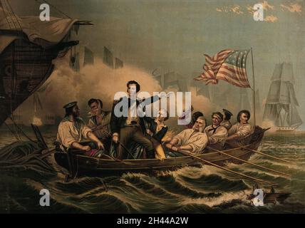 Un épisode de l'histoire navale américaine : un homme dans une bataille en mer, qui ordonne à ses hommes de se battre dans un petit bateau, entouré de grands navires et de la fumée du feu de canon.Chromolithographe, 186-. Banque D'Images