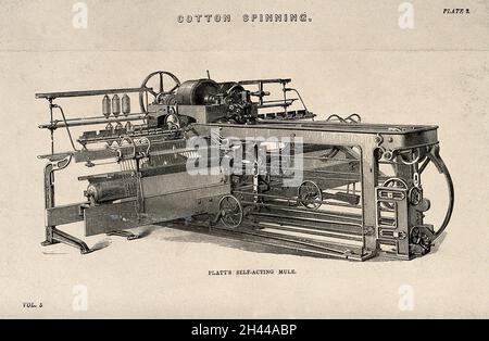 Textiles : version à entraînement par courroie de la mule de Crompton.Gravure, c.1858. Banque D'Images