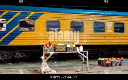 Cabine et seaux avec des pommes, eau potable à côté de la voiture de train de 3ème classe peint dans les couleurs nationales de Kazakshtan.À un arrêt de train au Turkestan Banque D'Images