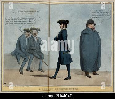 Shiel passe devant deux vieux marins, l'un avec une jambe de bois, qui fait des remarques sur lui comme Daniel O'Connell se tient en enveloppé dans un manteau.Lithographie colorée par H.B.(John Doyle), 1838. Banque D'Images