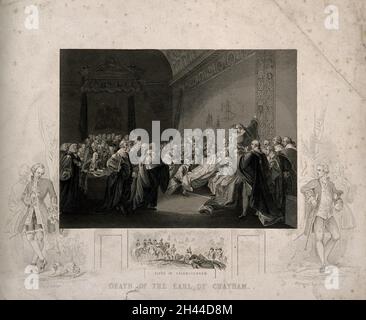 La mort de William Pitt, seigneur Chatham, dans la chambre haute du Palais de Westminster, 1778.Gravure de J. Rogers d'après J. Copley, 1779. Banque D'Images