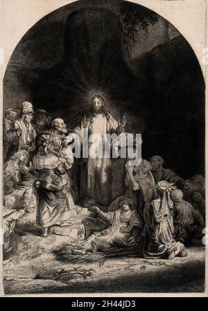 Le Christ est parmi les malades ('l'imprimé cent guilde').Gravure après Rembrandt, 1649. Banque D'Images