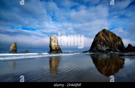 Haystack Rock le matin d'un brouillard, Cannon Beach, Oregon Banque D'Images