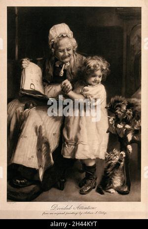 Une grand-mère lit à sa petite-fille, mais leur attention est prise par deux chatons jouant avec un morceau de fil.Mezzotint après A. J. Elsley. Banque D'Images