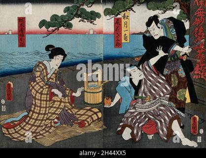 Trois acteurs dans une confrontation devant une pierre tombale par la mer.Couleur coupe de bois par Kunisada I, 1858. Banque D'Images