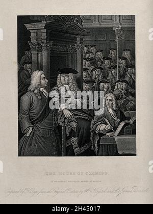 La Chambre des communes: Le Président, Arthur Onslow (assis, au centre), demande à sir Robert Walpole (à gauche) de prendre la parole.Gravure à l'aide de R. page après W. Hogarth et J. Thornhill. Banque D'Images