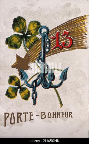 Une carte postale souhaitant la bonne chance illustrée par divers charmes chanceux.Chromolithographe. Banque D'Images