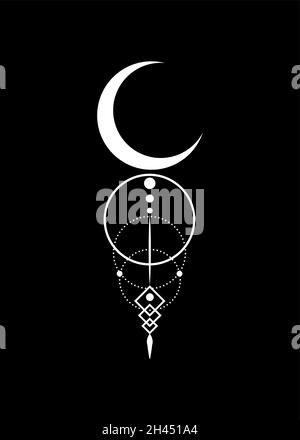 Logo blanc mystique de la Lune, demi-lune, géométrie sacrée.Croissant lune païen symbole de la déesse Wiccan, bannière silhouette wicca, cercle d'énergie féminin Illustration de Vecteur