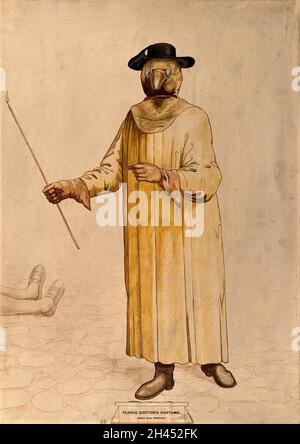 Un médecin portant un costume de prévention de la peste du XVIIe siècle.Aquarelle. Banque D'Images