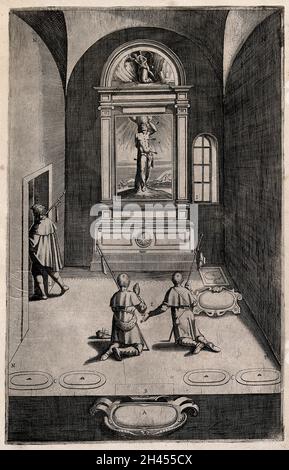 Intérieur de la chapelle Saint-Sébastien sur le mont Verna; avec une peinture de Sebastian percée de flèches.Gravure attribuée à D. Falcini d'après J. Ligozzi, ca.1612. Banque D'Images