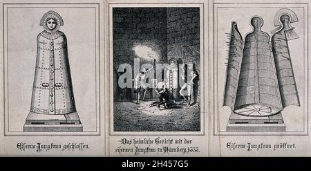 À gauche, une 'jeune fille de fer' avec ses portes fixées; au milieu, un prisonnier aveugle est forcé de s'agenouiller avant la 'jeune fille de fer' dans un donjon; à droite, une 'jeune fille de fer' avec ses portes ouvertes.Gravure. Banque D'Images