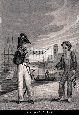 Un marin sur le côté d'un quai avec un bras dans une élingue tient son autre main comme s'il faut repousser le petit garçon mendiant qui demande de l'aide.Gravure par W. Chevalier, ca.1840, après H. Brooke. Banque D'Images