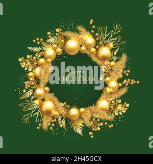 couronne de noël réaliste avec décorations dorées motif vectoriel Illustration de Vecteur