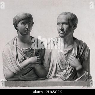 Portrait romain bustes de femme et de mari.Gravure de ligne avec gravure par H.L.Garnier après J.M.N.Bralle. Banque D'Images