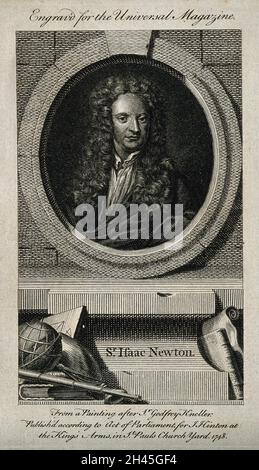 Sir Isaac Newton.Gravure de ligne, 1748, après Sir G. Kneller, 1702. Banque D'Images