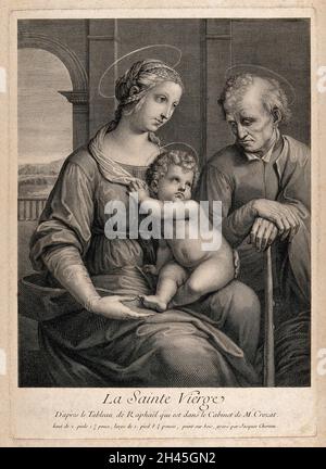 Sainte Marie (la Sainte Vierge) et Saint Joseph avec l'enfant Christ.Gravure de J. Chereau, ca.1729, après Raphaël. Banque D'Images