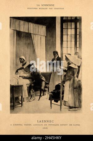 René Théophile Hyacinthe Laënnec auscultation d'un patient tubéroculaire à l'hôpital Necker, Paris, 1816.Reproduction après une peinture de T. Chartran. Banque D'Images