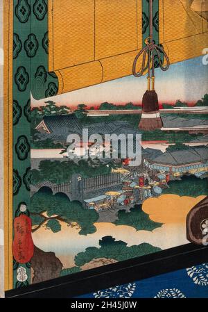 Un concours de sumo dans le quartier du temple de Ekōin à Edo.Coupe de bois de couleur par Hiroshige, 1849/1850. Banque D'Images