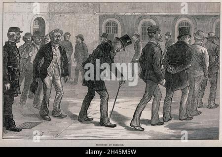 Prison de Newgate, Londres: Hommes prisonniers marchant dans une cour d'exercice.Gravure de bois d'après M. Fitzgerald. Banque D'Images