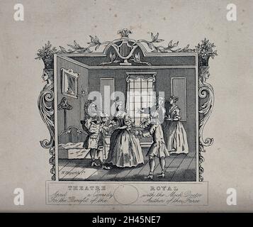 Un épisode d'une farce dans le théâtre: Trois hommes et deux femmes ont engagé un conflit avec un homme pointant sur la jeune femme coupable à l'avant.Gravure après W. Hogarth. Banque D'Images