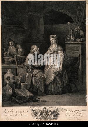 Un vieux médecin prend le pouls d'une jeune femme et pointe vers son cœur, ce qui implique qu'elle souffre de la causeuse, l'assistante du médecin est en train de sourire et de mélanger une concoction.Gravure par I.S.Helman, 1775 ans, après J.B.Leprince, 1773. Banque D'Images