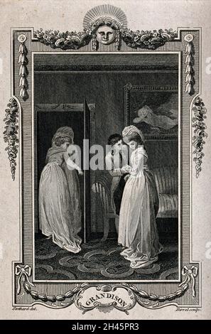 Deux femmes quittent la pièce alors qu'un jeune homme tient les mains d'une fille et penche sa tête vers elle.Gravure par A. Birrel après T. Stothard. Banque D'Images