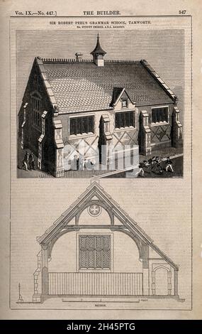 Sir Robert Peel's Grammar School, Tamworth, Staffordshire: Avec des détails architecturaux.Gravure de bois par Laing, 1851, après S. Smirke. Banque D'Images