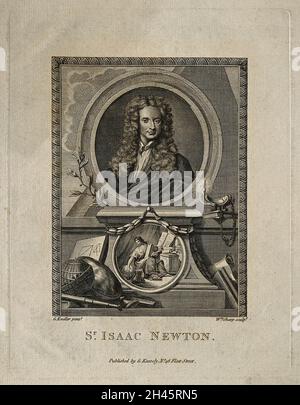 Sir Isaac Newton.Gravure de lignes par W. Sharp après Sir G. Kneller, 1702. Banque D'Images