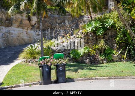 Australie, jardins verdoyants bennes pleines de déchets de jardin et de végétation dans la rue en attente de la collecte du conseil, Avalon Beach faubourg à Sydney, Australie Banque D'Images