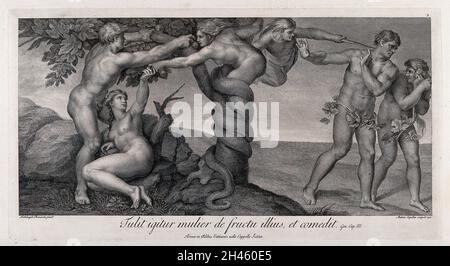 Eve reçoit le fruit interdit d'un serpent en forme de femme; l'ange expulse Adam et Eve du paradis.Gravure de A. Capellani, 1772, après Michel-Ange. Banque D'Images