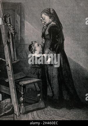 Une veuve en deuil consolée par sa jeune fille; toutes deux debout devant une photo a été soutenue sur un chevalet.Gravure en bois par Horace Harral. Banque D'Images