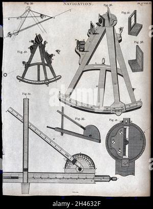 Navigation : diverses aides à la navigation, dont un quadrant et un sextant.Gravure par Barlow. Banque D'Images