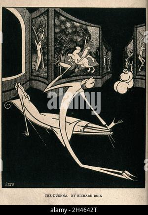 Une jeune femme s'incline sur une chaise longue tandis qu'un jeune homme lui paie un tribunal: Une grosse figure ronde montres de l'autre côté de la pièce.Impression du processus de ligne après R. Boix. Banque D'Images