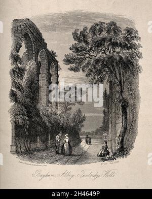 Abbaye de Bayham, Tunbridge Wells, Kent : des personnages se balader près des ruines.Gravure par G. Brown, 1845. Banque D'Images
