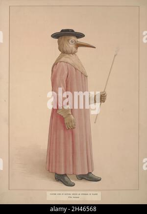 Un médecin portant un costume de prévention de la peste du XVIIe siècle.Aquarelle. Banque D'Images